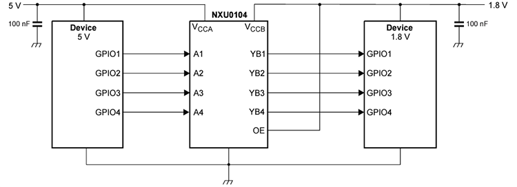 Schéma du circuit d'application - Nexperia Tampons de conversion de niveau de tension NXU0x04